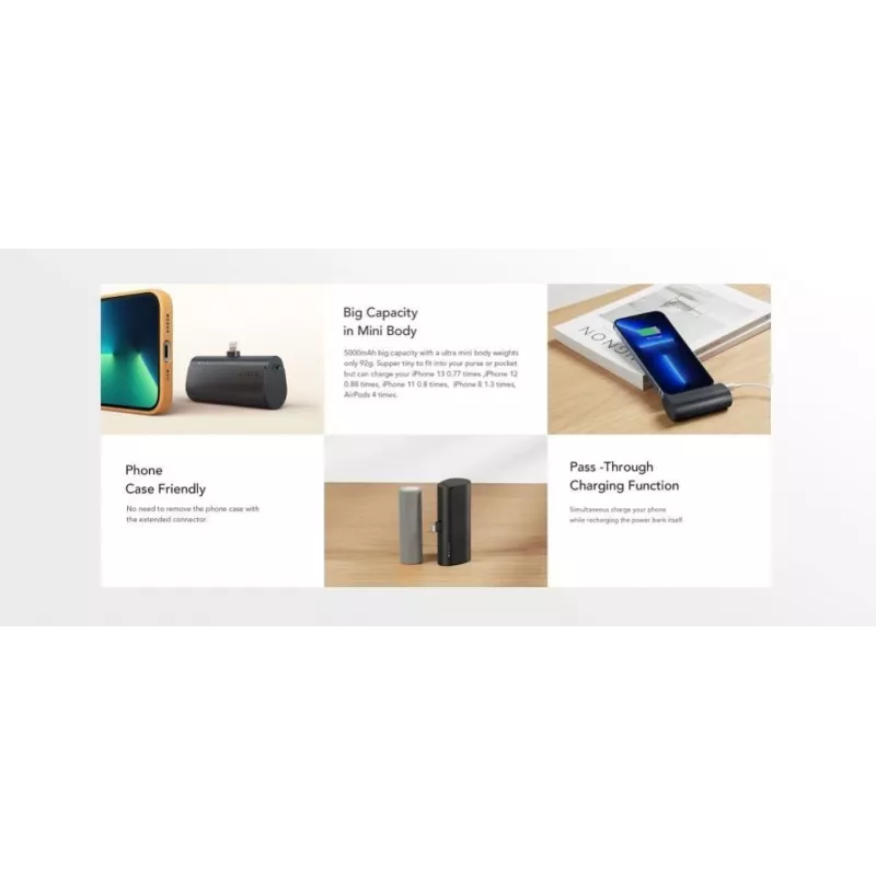 VEGER PlugOn powerbank 5000 mAh 20W PD QC3.0 met geïntegreerde Lightning-aansluiting zwart
