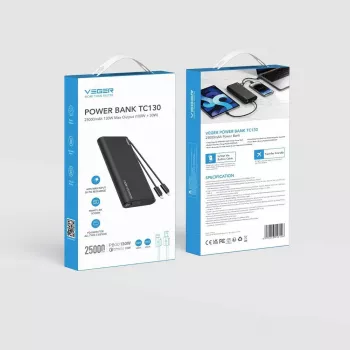 VEGER TCE130 130W PD powerbank 25000mAh met geïntegreerde USB-C- en Lightning-kabels, zwart