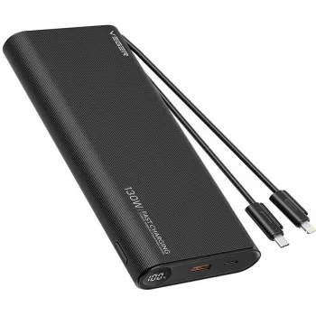 VEGER TCE130 130W PD powerbank 25000mAh met geïntegreerde USB-C- en Lightning-kabels, zwart