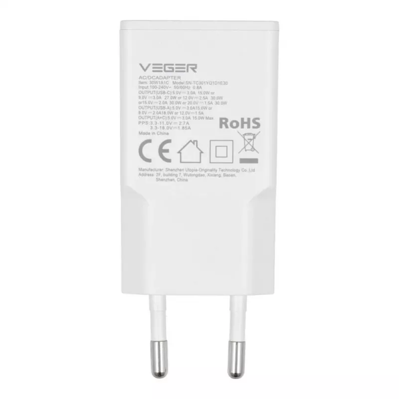 VEGER USB-A + USB-C QC PD 30W wandlader 30W1A1C wit