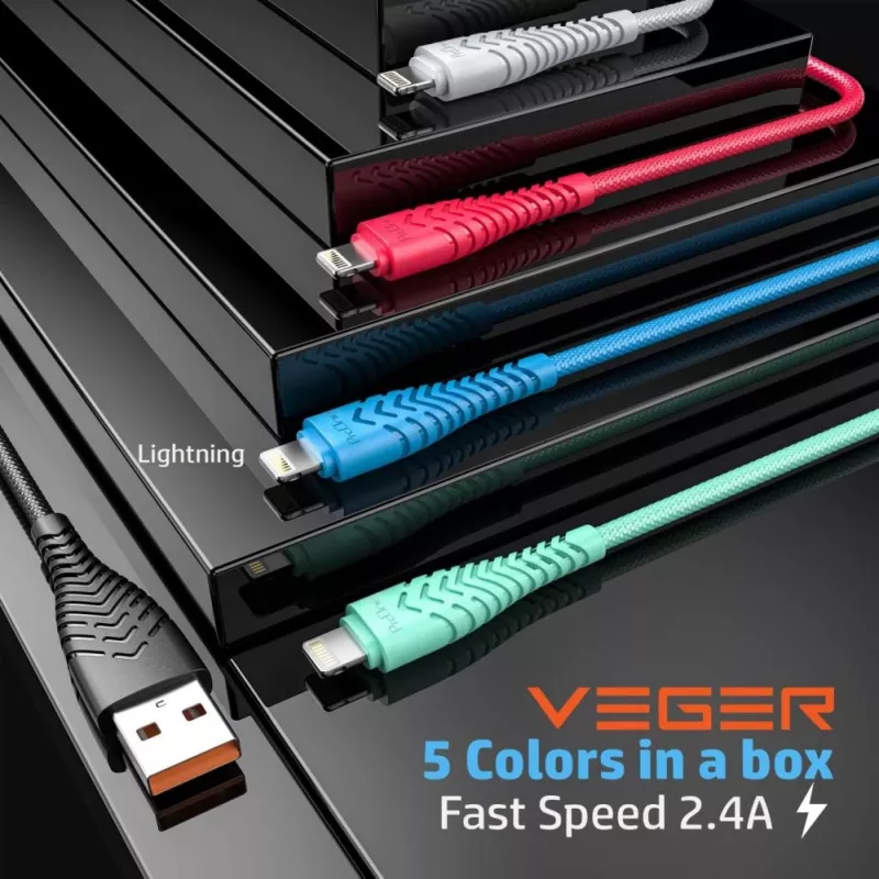 Veger V105 USB-A naar Lightning-kabel 1,2 m zwart 2,4A laden & synchroniseren