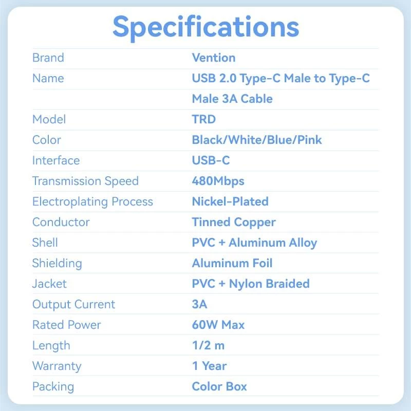 VENTION TRDBF USB-C naar USB-C-kabel 1m zwart