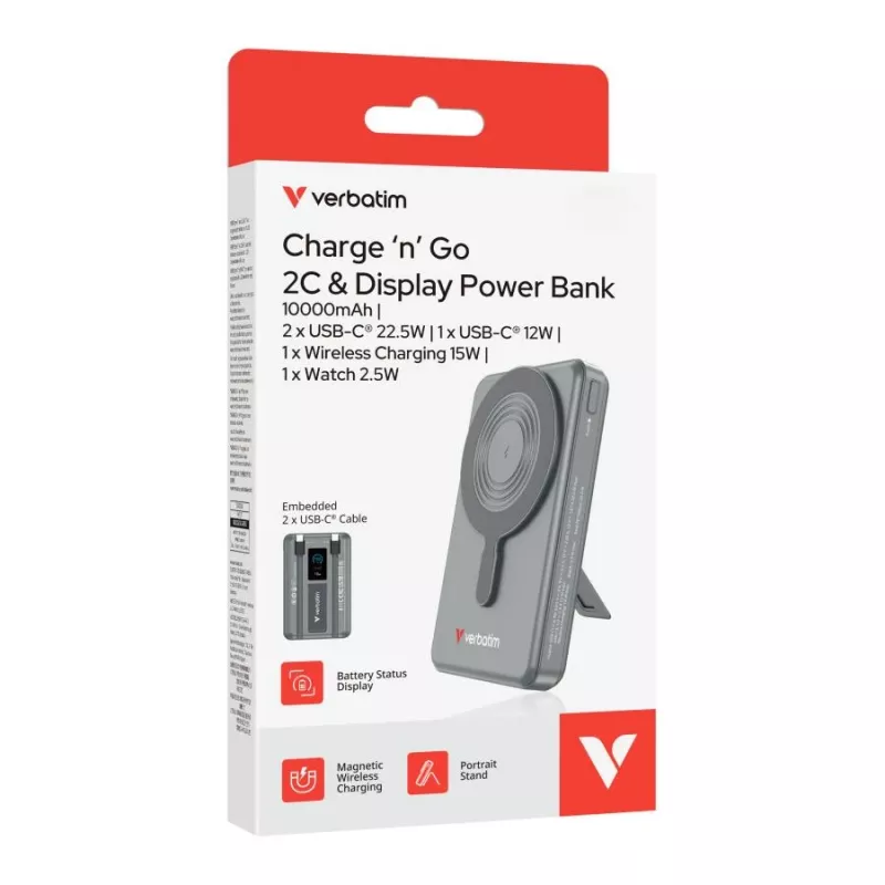 Verbatim Charge'n'Go powerbank 2C & display 10000 mAh grijs