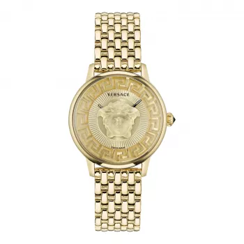 VERSACE V-Circle unisex Zwitsers quartz horloge 38mm roestvrij staal zwarte wijzerplaat lederen band VE6F00623
