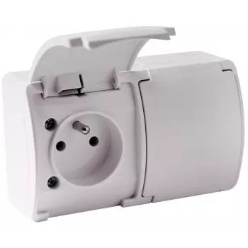 VIPLAST KOALA 162-01 dubbele wandcontactdoos met randaarde en klepdeksel, Type E 16A 250V, IP44 wit