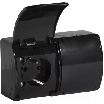 VIPLAST KOALA dubbel stopcontact met randaarde en klepdeksel, zwart, IP44, 16A, 230V, 2 stopcontacten