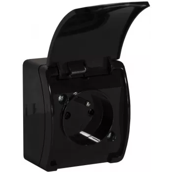 VIPLAST KOALA Opbouw Enkel Stopcontact met Randaarde en Klapdeksel, Zwart, IP44, 16A, 250V, 2P+E