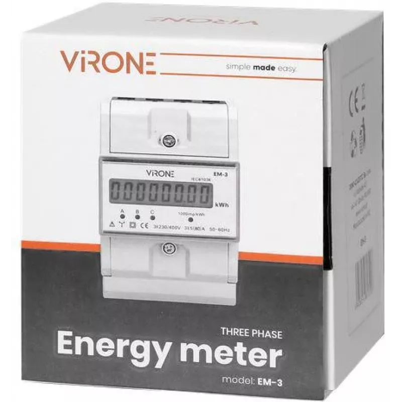 Virone EM-3 3-fasen energiemeter, 80A, 3 modules, DIN-rail TH-35mm