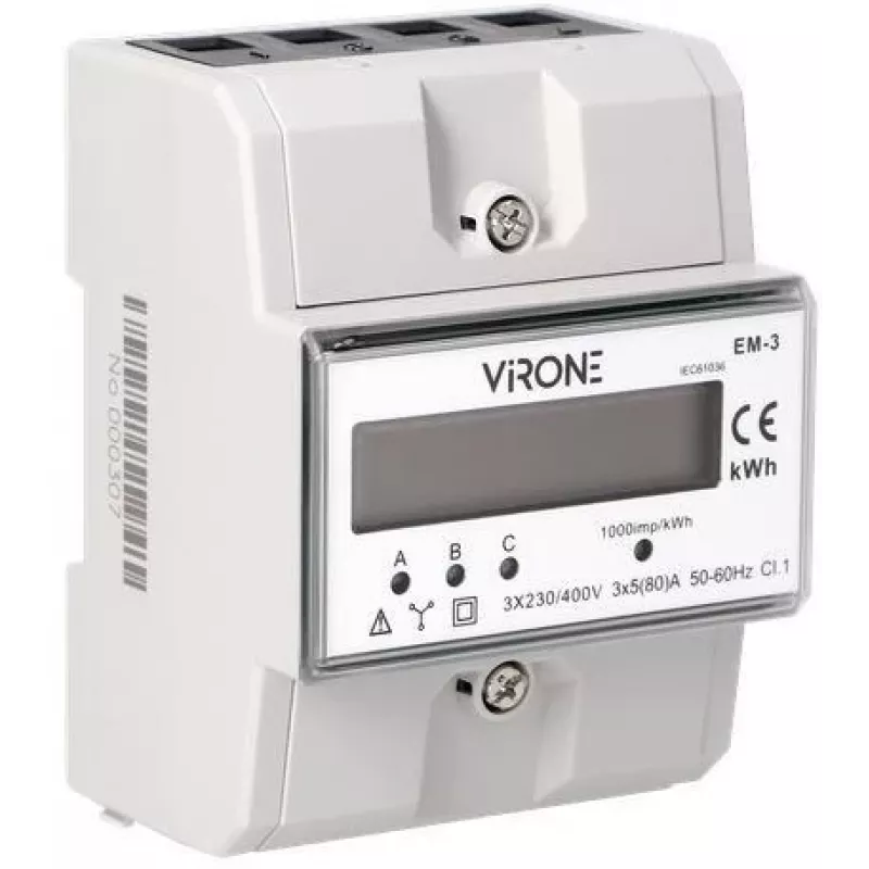 Virone EM-3 3-fasen energiemeter, 80A, 3 modules, DIN-rail TH-35mm