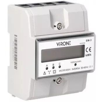 Virone EM-3 3-fasen energiemeter, 80A, 3 modules, DIN-rail TH-35mm