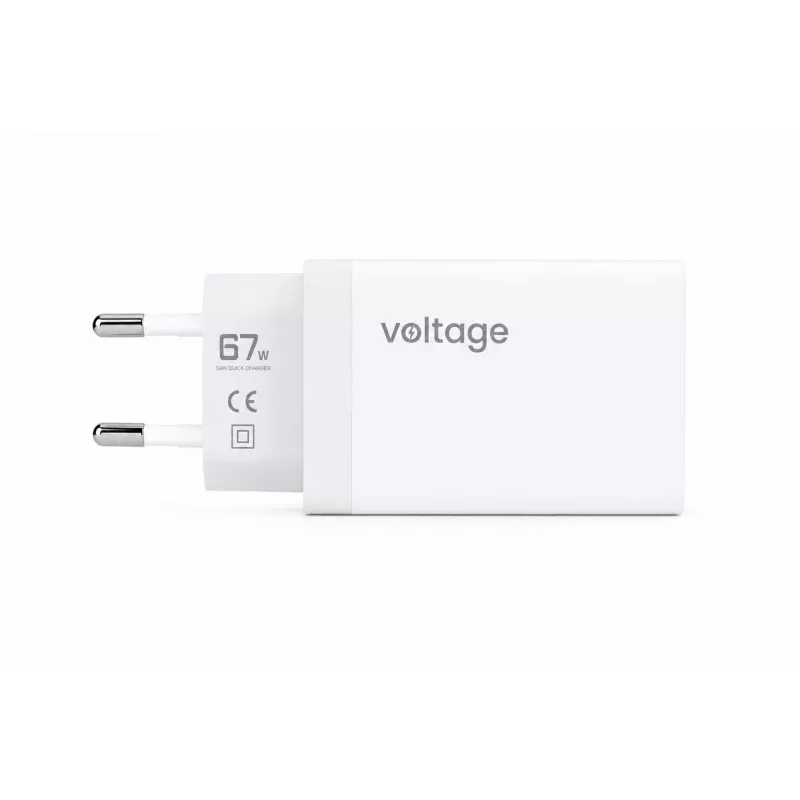 Voltage GaN 67W wandlader, 2x USB-C & 1x USB-A, PD 3.0, QC 3.0, PPS, EU-stekker, wit