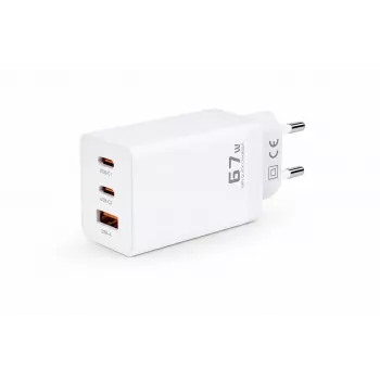 Voltage GaN 67W wandlader, 2x USB-C & 1x USB-A, PD 3.0, QC 3.0, PPS, EU-stekker, wit