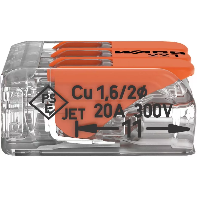 WAGO 221-413 COMPACT verbindingsklem, 3-ader, 0,2–4 mm², transparant, 50-pack