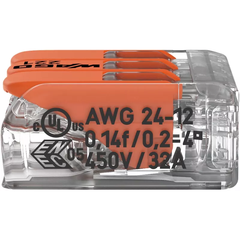 WAGO 221-413 COMPACT verbindingsklem, 3-ader, 0,2–4 mm², transparant, 50-pack