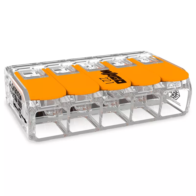 WAGO 221-615 5-aderige hefboomconnector, compacte verbindingsklem, 450 V, 32 A, transparant/oranje