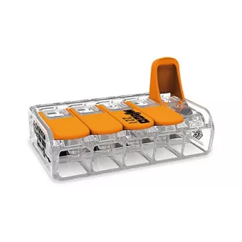 WAGO 221-615 5-aderige hefboomconnector, compacte verbindingsklem, 450 V, 32 A, transparant/oranje