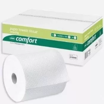 WEPA Comfort handdoekrol, 2-laags, hoogwit, lijnembossing, blauwe kernlijm, 205 mm breed, 150 m lang, 6 rollen (316800)