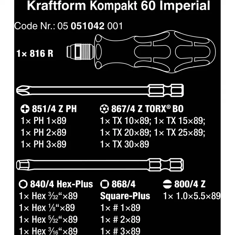 Wera 17-delige Kraftform Kompakt 60 bitset, plat, Phillips, Pozidriv, TORX BO 05051042001