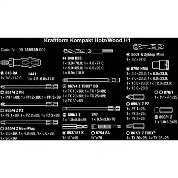 Wera Kraftform Kompakt H 1 Woodcraft schroevendraaiergreep met 12 gemengde bits - hex, Phillips, Pozidriv, Torx