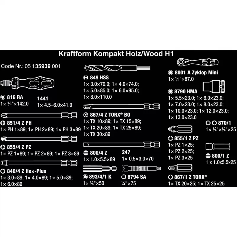 Wera Kraftform Kompakt H 1 Woodcraft schroevendraaiergreep met 12 gemengde bits - hex, Phillips, Pozidriv, Torx