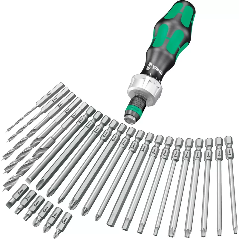 Wera Kraftform Kompakt H 1 Woodcraft schroevendraaiergreep met 12 gemengde bits - hex, Phillips, Pozidriv, Torx