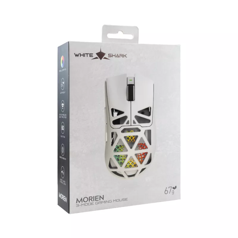 White Shark MORIEN WGM-5025 tri-mode gamingmuis (BT / 2,4 GHz / bedraad), 6200 DPI (tot 12000), RGB, wit