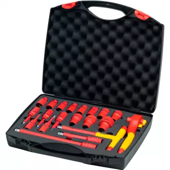 Wiha 43024 geïsoleerde omschakelratel- en dopsleutelset, 1/2 inch aandrijving, 21-delig, VDE-gecertificeerd, rood/geel