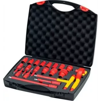 Wiha 43024 geïsoleerde omschakelratel- en dopsleutelset, 1/2 inch aandrijving, 21-delig, VDE-gecertificeerd, rood/geel