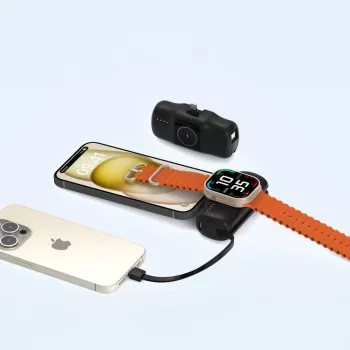Wozinsky WF16-YLS Mini Powerbank 5000mAh 15W met geïntegreerde USB-C-kabel en Apple Watch-oplader - Zwart