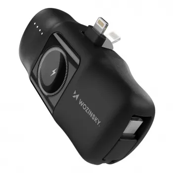 Wozinsky WF16-YLS Mini Powerbank 5000mAh 15W met geïntegreerde USB-C-kabel en Apple Watch-oplader - Zwart