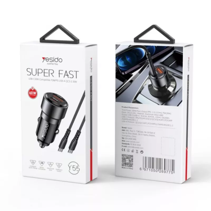 YESIDO Y55 60W snellader voor auto met USB-C naar USB-C-kabel, zwart
