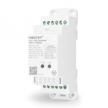 MiBoxer TW5 5-in-1 LED-controller voor DIN-rail, WiFi + RF, 12 A/kanaal, 20 A totaal