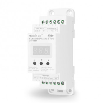 MiBoxer D4-T 4-kanaals DMX512/RDM-LE decoder, DIN-rail, 12–48 V, 20 A