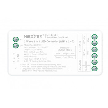 MiBoxer LC2-WR 2-draads LED-controller, Wi-Fi + 2,4 GHz, 12–48 V, 10 A