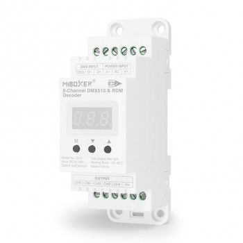 MiBoxer D5-T 5-kanaals DMX512/RDM-LED-decoder, DIN-rail, 12–48 V, 20 A